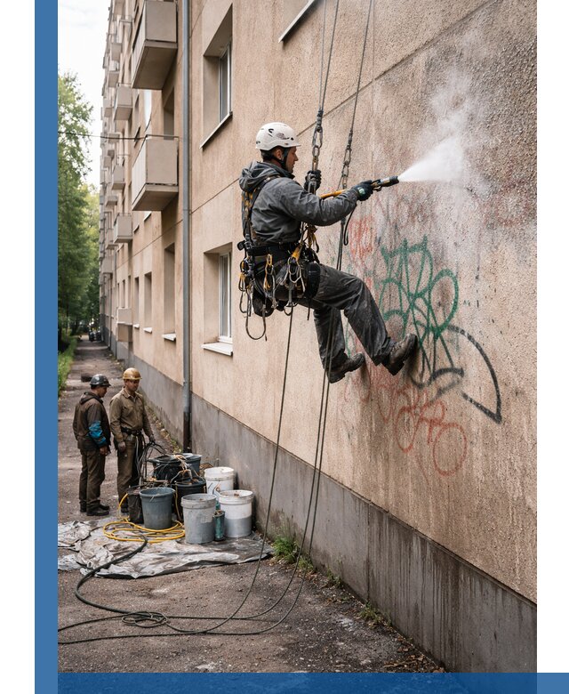 Удаление граффити с фасада в Югорске без следов и повреждений