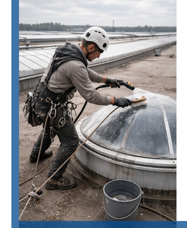 Мойка зенитных фонарей на кровле для промышленных объектов в Югорске