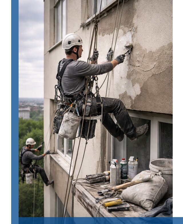 Косметический ремонт фасада зданий в Югорске промышленными альпинистами