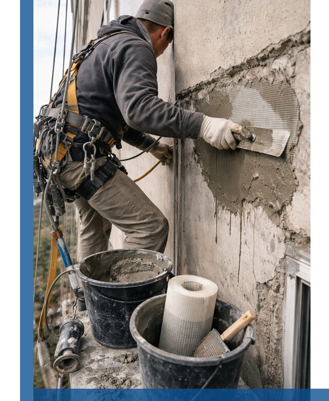 Ремонт бетонных элементов фасада промышленными альпинистами в Югорске