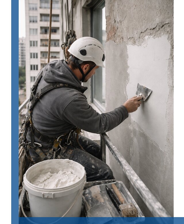 Шпаклевка фасадов на высоте с промальпинистами в Югорске