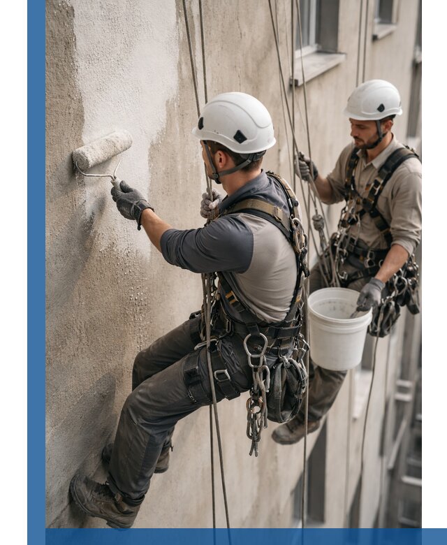 Грунтовка фасада на высоте в Югорске промышленными альпинистами