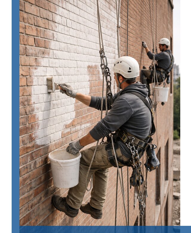 Покраска кирпичного фасада с доступным альпинистским сервисом в Югорске