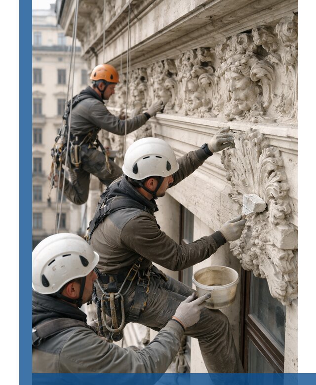 Реставрация фасадной лепнины с высотными работами в Югорске