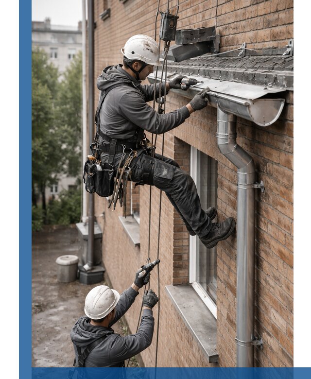 Монтаж водосточной системы на здании в Югорске под ключ