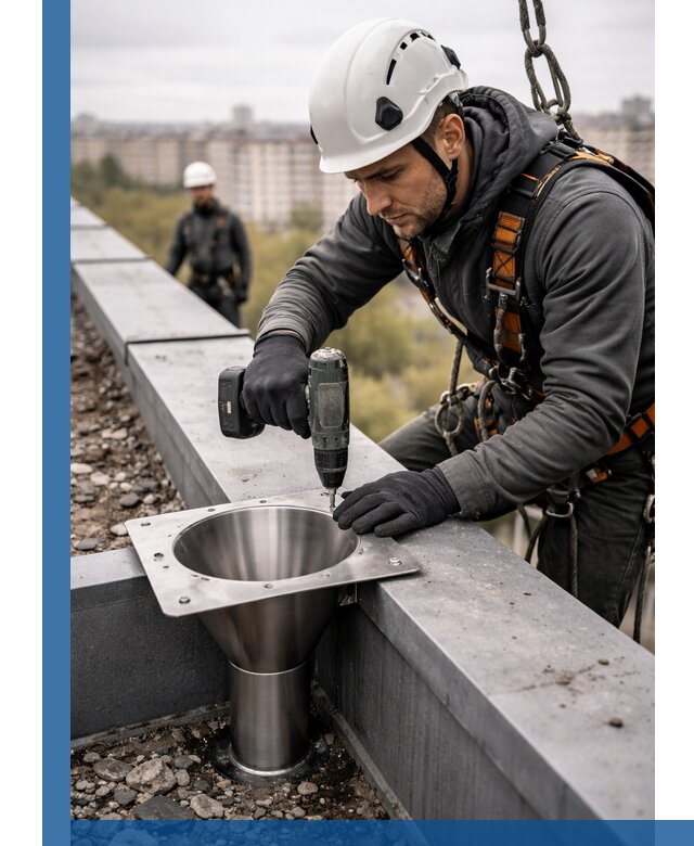 Монтаж водосточных воронок в Югорске для промышленных зданий