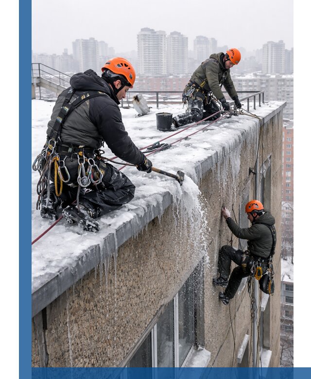 Удаление наледи с кровли в Югорске промышленными альпинистами