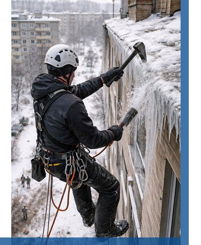 Сбивание сосулек с крыши в Югорске по цене от 4595 р. | ВЫСОТНИК-Югр