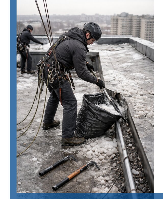 Аварийная очистка кровли в Югорске от промальпинистов