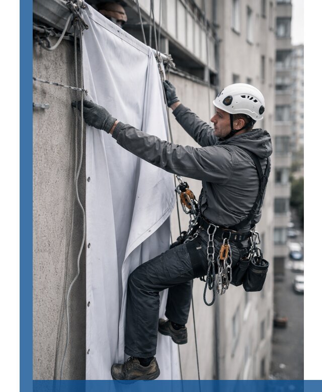 Замена баннерного полотна промышленными альпинистами в Югорске