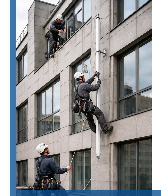 Монтаж флагштока на фасаде здания с креплением и герметикой в Югорске