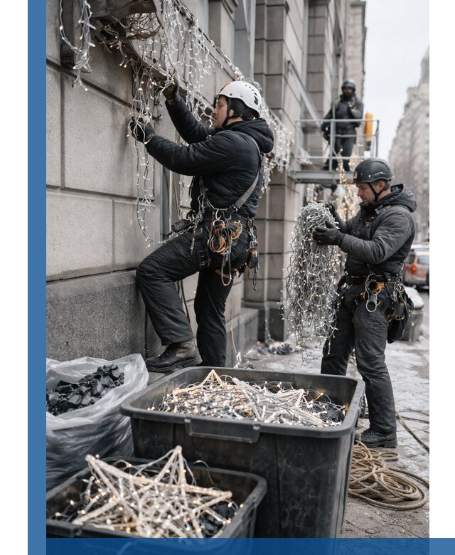 Демонтаж новогоднего оформления и гирлянд в Югорске