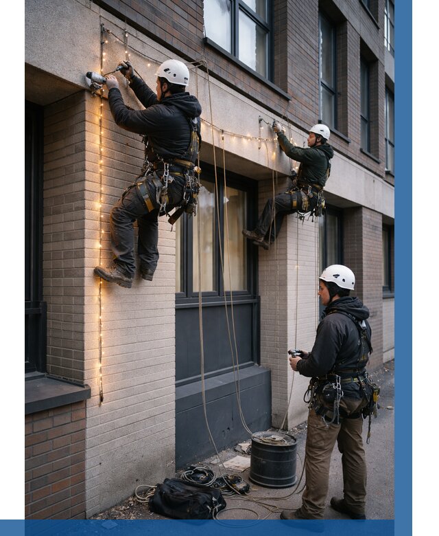 Монтаж гирлянд на фасаде в Югорске от 3574 р. | ВЫСОТНИК-Югр