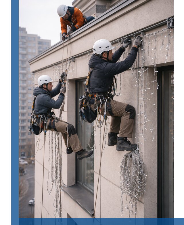 Монтаж праздничных гирлянд на фасаде в Югорске для зданий