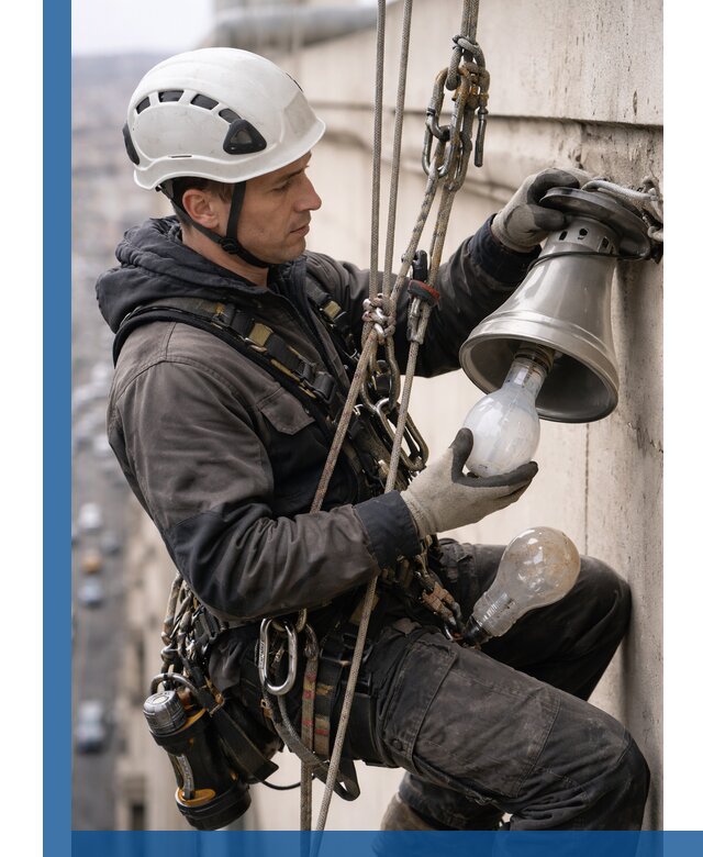 Замена ламп на высоте в Югорске профессионально и быстро