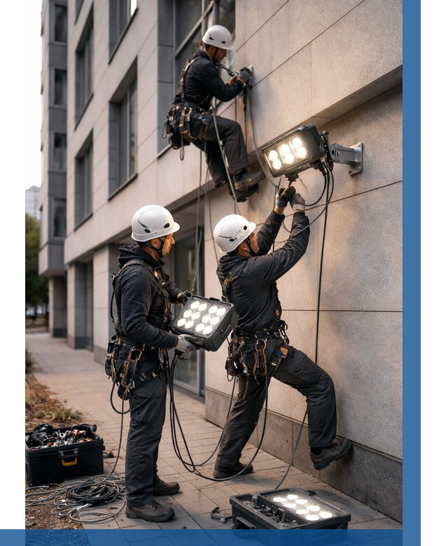 Монтаж прожекторов на фасаде в Югорске от 7658 р. | ВЫСОТНИК-Югр