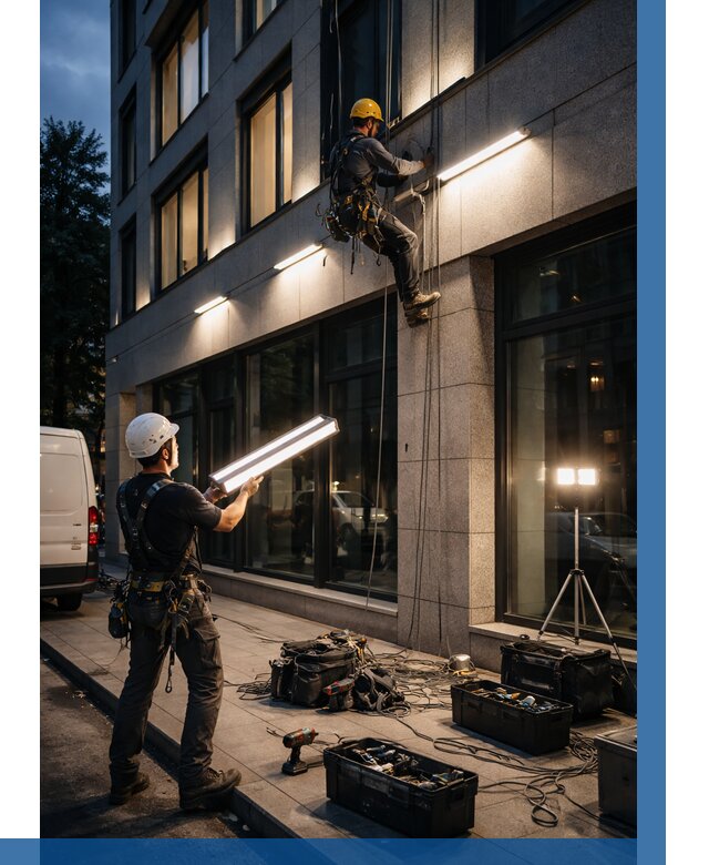 Монтаж архитектурной подсветки здания в Югорске от 2553 р.|ВЫСОТНИК-Югр