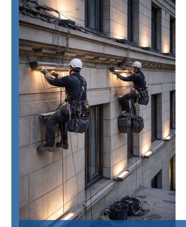 Монтаж архитектурной подсветки фасадов зданий в Югорске