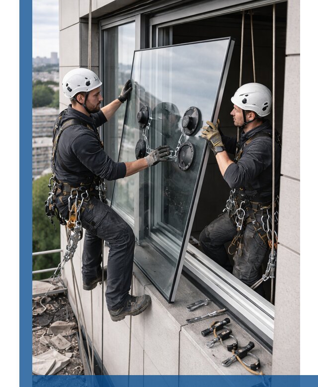 Замена стеклопакетов на высоте с промышленными альпинистами в Югорске