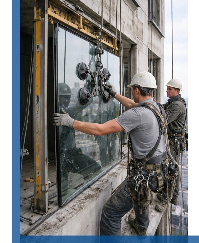 Монтаж стеклопакетов на высоте в Югорске с промышленным альпинизмом