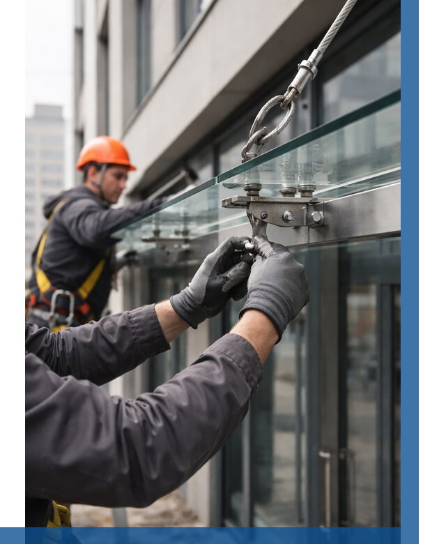 Монтаж стеклянных козырьков в Югорске от 8679 р. | ВЫСОТНИК-Югр