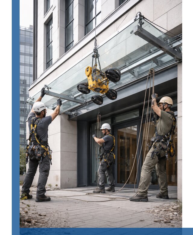 Монтаж стеклянных козырьков под ключ в Югорске для зданий