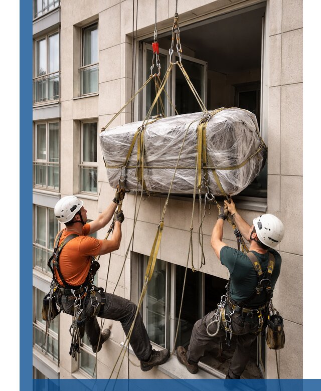 Подъем грузов через окно в Югорске промышленными альпинистами