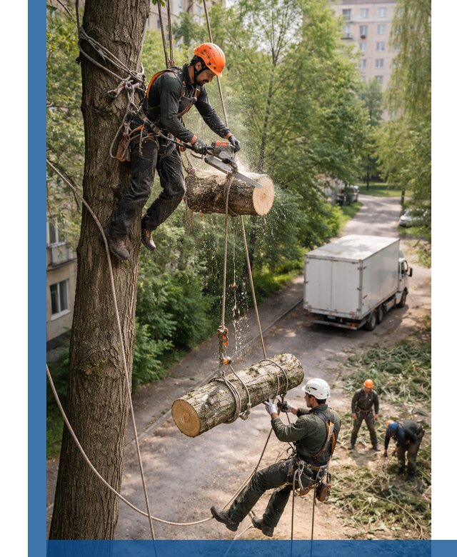 Спил деревьев альпинистами в Югорске, безопасно и без повреждений